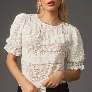 New By Anthropologie Puff-Sleeve Lace Blouse Ivory S NWT